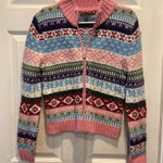 SO  Fair‎ Isle Cardigan Ski Sweater Large Juniors Zip Front Pink Colorful Y2k Photo 0