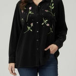 Quacker Factory  Black Velvet Floral Embroidery Rhinestones Button Shirt Size 3X Photo 0