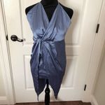 Cider Womens Blue Halter Wrap Dress Elegant Sleeveless Design With Tie Back Photo 2