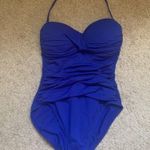 La Blanca  blue ruched halter one piece Photo 1