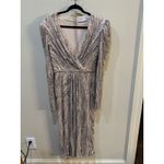 Mac Duggal  Silver Beaded Lace Long Sleeve Midi Dress Size 8 5574 V Neck Sequin Photo 3