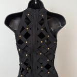 Bebe  Black Studded Caged Bandage Bodycon Halter Neck Dress sz S petite Mob Wife Photo 5