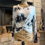 SheIn  Asymmetrical Tie Front Long Sleeve Blouse in Black and White Photo 4