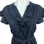 CeCe  Black V Neck 100% Cotton Ruffle Belted Button Front A Line Mini Dress Sz XS Photo 2