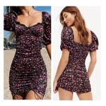 For Love and Lemons Melrose Mini Dress Small Floral Puff Sleeve Ruched Fairy Black Photo 13