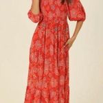 Angie  Peasant Sleeve Red Print Maxi Dress M Photo 0