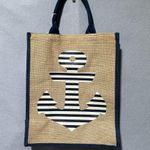 Burlap and Canvas Nautical Navy and white striped Anchor tote bag Tan Photo 1