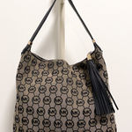 Michael Kors Beford Monogrammed Shoulder Bag Black Tan Tassel *No Long Strap* Photo 0