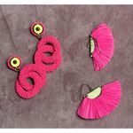 2 Pairs Hot Pink Neon Beaded Fringe Straw Boho Dangle Earrings Costume Jewelry Photo 3