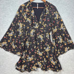 Free People Lilou Dress XS Black Floral Flare Sleeves Mini V Neck Boho Photo 0