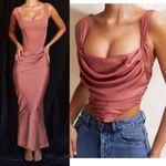 House Of CB  SET Aella‎ top 'Colette' Rose Satin Low Waist Midi Skirt NWOT Size S Photo 1