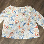 CHAPS  Denim Sea Shells &‎ Starfish 3/4 Sleeve Top Large Scrunch Neck Nautical Photo 0