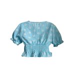 Y2K Gingham Daisy Smocked Cottage Core Short Sleeve Crop Top Medium Blue Photo 2
