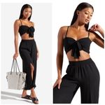 EXPRESS  x Rocky Barnes Black Smocked Bow Tie Front Crop Top Stretchy Size L Photo 2