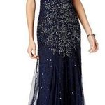Adrianna Papell  Midnight Blue Sequin Beaded Cap Sleeve V-Neck Formal Gown Photo 0