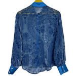 Y2K Meritt Velvet Burnout Satin Button Up Top Small Paisley Blue Long Sleeve VTG Photo 2