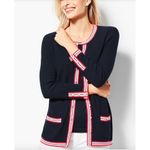 Talbots Textured Tipped Cotton Cardigan in Navy Blue Pearl Buttons Detail, 1X Photo 7