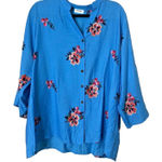 Kindred  Womens Floral Embroidered Button Up Shirt Top Size 1X Boho Blue Cottage Photo 0