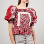 SEA Theodora Red Paisley Bandanna Print Tie Back Puff Sleeve Top Size Large Photo 2