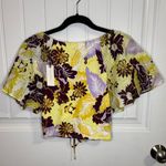 Maeve Anthropologie Purple and Yellow Floral Flutter Sleeve Cinched Top Photo 6