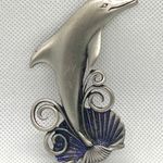 JJ Janette jewelry Vtg JJ Jonette Jewelry Jumping DOLPHIN Purple Glitter Shell Pewter Brooch Pin 3” Photo 0