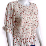 MELLODAY Floral Blouse Cropped Short Sleeve Women’s Size Medium Peplum Red/White Photo 2