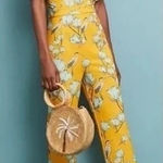 Anthropologie Varun Bahl Jumpsuit Size 10 Yellow Crane Bird Floral Ruffle Halter Photo 0