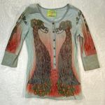 Butterfly Dropout Art to Wear Button Up Top Peacock Print 3/4 Sleeve M‎ Blue Size M Photo 0