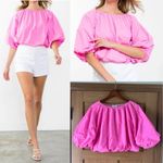 THML  Anthropologie Hot Pink Puff Sleeve Top size Large​​ Photo 1