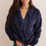 Aerie Cozy Quarter Zip Teddy Sherpa Fleece Pullover Hoodie Navy Blue Medium Photo 0