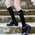 Gothic Bow Decor Calf Stockings, Emo Boho Style Slim grunge Knee High Socks Black Photo 3