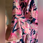 Lilly Pulitzer Pink and Blue Floral and Ruffle Midi dress navy blue hot pink Photo 3