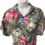 Wear By Kayo Womens Large Button Down Shirt Floral Leopard Animal Print VTG Green Photo 2