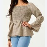 Hayden Los Angeles Checkered Elastic Sleeve Smocked Peplum Top brown size small Photo 0