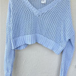 Aerie Offline by Cropped Open-Knit Blue V-Neck Sweater Long Sleeve Lounge Layer Photo 0