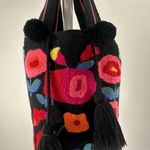 LARGE Black Wayuu Colombia Mochila Fuzzy Floral Bucket Bag Pom Poms (b38) Photo 0