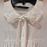 ZARA  Oyster White Pearl Lapel Tie Collar Ruffled Cuffs Button Down‎ Blouse XS Photo 6