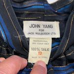 John Yang Shirt Womens 12 Blue Black Striped Long Sleeve Blouse Ruffle High Neck Photo 9