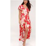 Lulus Dress Womens Small Red Heart of Marigold Red Tropical Print Wrap Maxi Photo 4