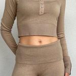 Lounge Knitted Long Sleeve Crop Top & Fold Waist Shorts Set Tan Women's Size XS Photo 0
