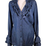 Denim 24/7 Women's Blue Denim Ruffle Front Long Sleeve Shirt Size 18W Photo 0