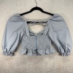 Mable Smocked Crop Top Bow Tie Blouse Puff Sleeve Tie Back Blue Size M Blue Size M Photo 6
