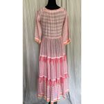 Lemlem Abeda XS Tiki Long Tier Pink Striped Fringe Off Shoulder Midi Gauze Dress Photo 2