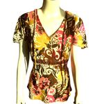 IE Silk Blouse Large Multicolor Floral Swirl Print Boho Y2K Vintage City Chic Brown Photo 1
