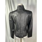 White House | Black Market WHBM Black Genuine Leather Jacket Ruffle Collar Front Seam Detail Women Medium Photo 6