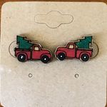 Handmade Red Truck Christmas Tree Stud Earrings - Hand Painted Wood, Hypoallergenic Photo 2