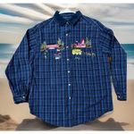 Y2K CASEY&MAX Blue Plaid Shirt L Embroidered VTG School Scene Corduroy Collar Size 12 Photo 0
