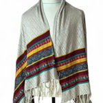 Boho Fringe Shawl Aztec Print Open Front Cardigan Cover Up Duster Tan Size M Photo 0