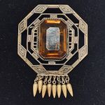 Rare Vintage Czech brass with big rhinestone brooch / pin Yellow Photo 1
