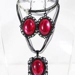 Handmade Hot Pink Obsidian Gothic Cameo Set Earrings & Black Ribbon Necklace Photo 0